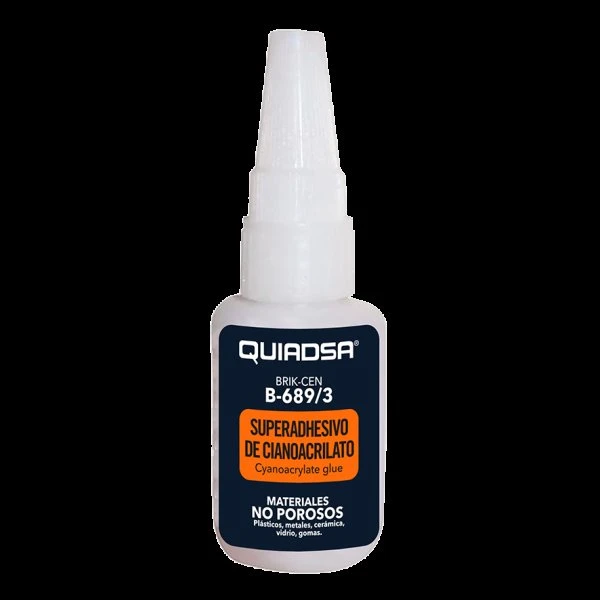 Cola cianoacrílica BRIK-CEN B-689/3 para plásticos, em frasco de 50g.