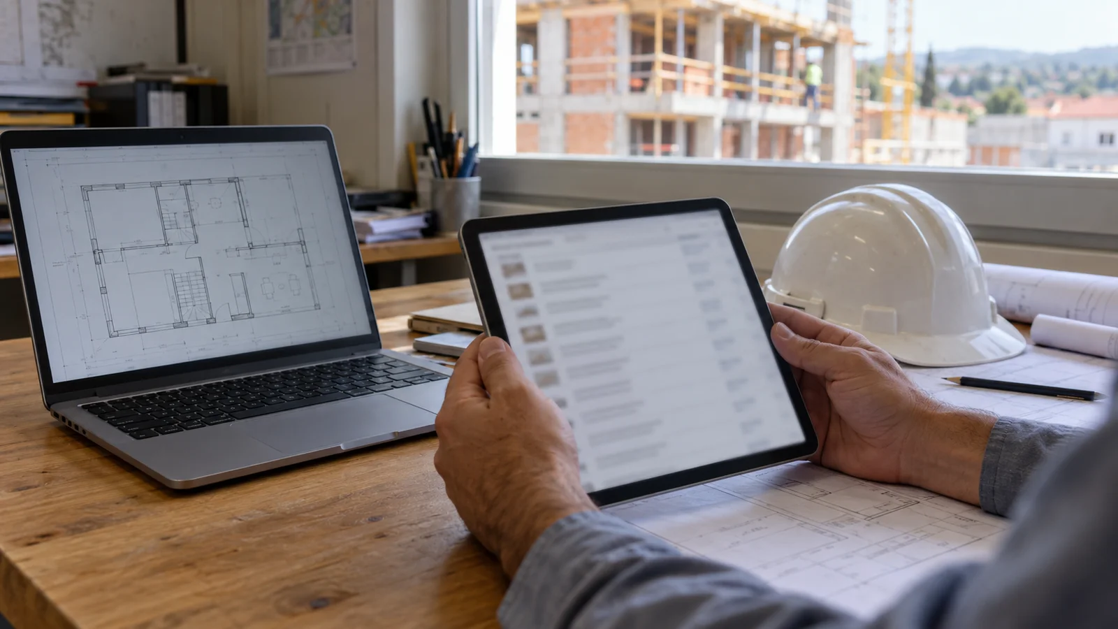 Responsável de obra consulta uma lista de materiais num tablet, com plantas de arquitetura e capacete de segurança sobre a secretária