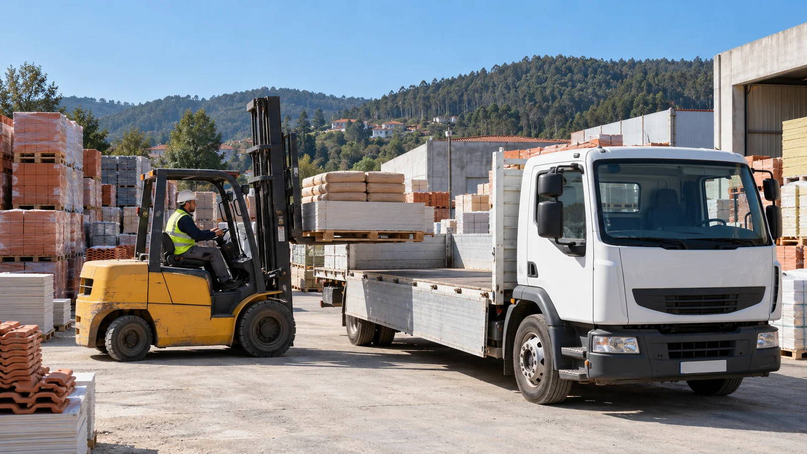 Empilhador carrega uma palete de cimento e placas num camião de entregas, num parque de materiais de construção