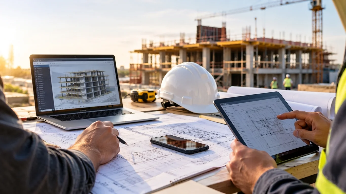 Responsáveis de obra consultam um projeto num portátil e num tablet, com plantas e capacete de segurança, junto a um edifício em construção
