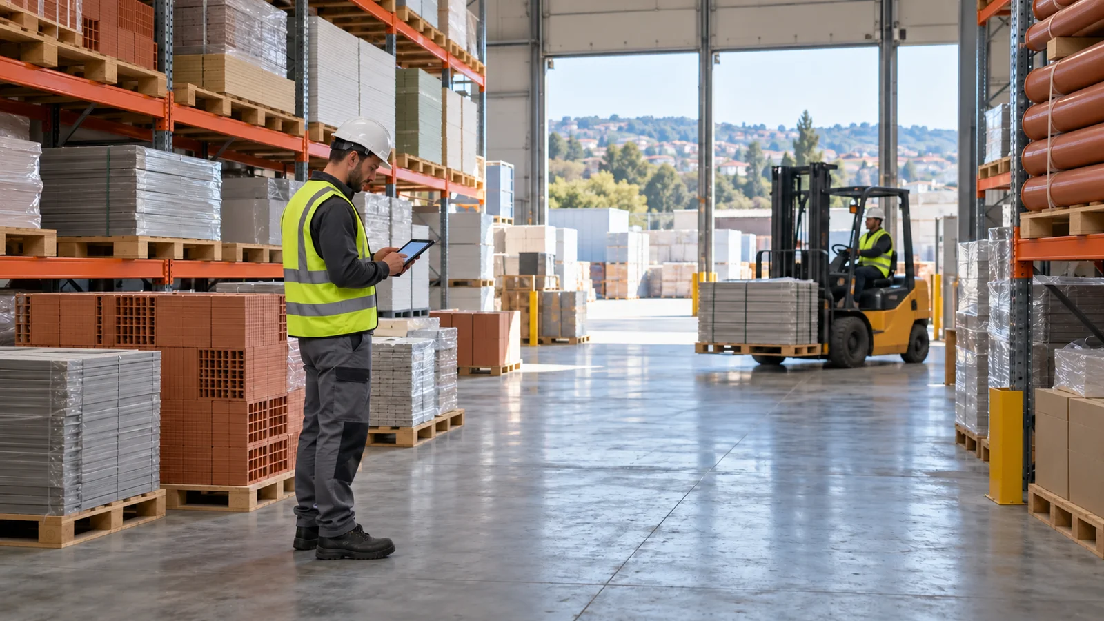 Profissional com colete refletor consulta uma lista de stock num tablet, num armazém de materiais de construção com paletes organizadas e um empilhador